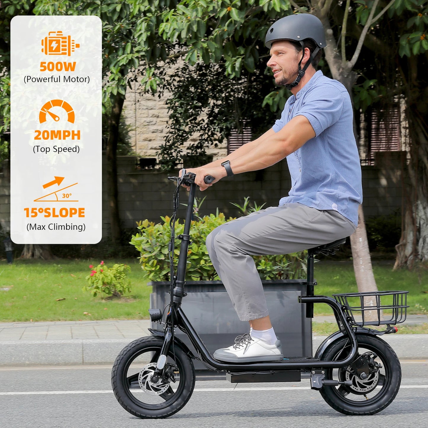 Peak 819W Electric Scooter 500W Motor W/ Seat 14" Tire, 30 Miles Ranges 20MPH Max Speed, to 300 LBS