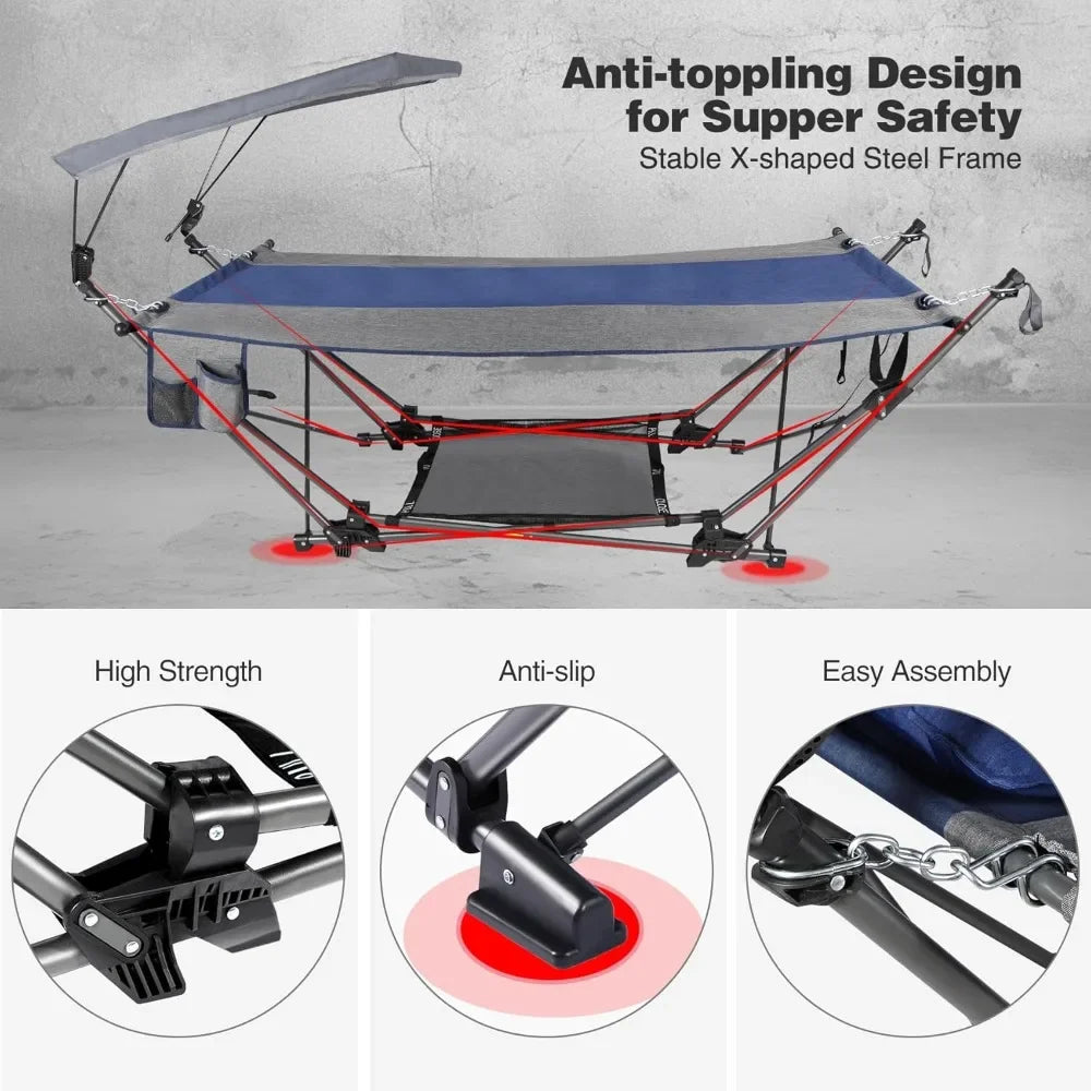 Folding Hammock, Removable Canopy,Pillow, Freestanding, Collapsible Stand for Outdoor Yard Beach