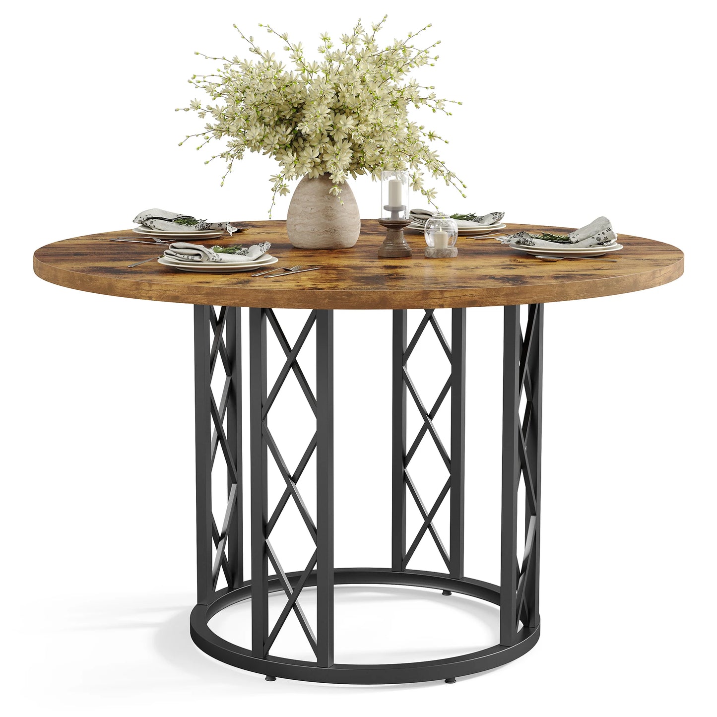 Round Indoor Dining Table for 4-6 People, 47-Inch Farmhouse Kitchen Table, Industrial Dinner Table