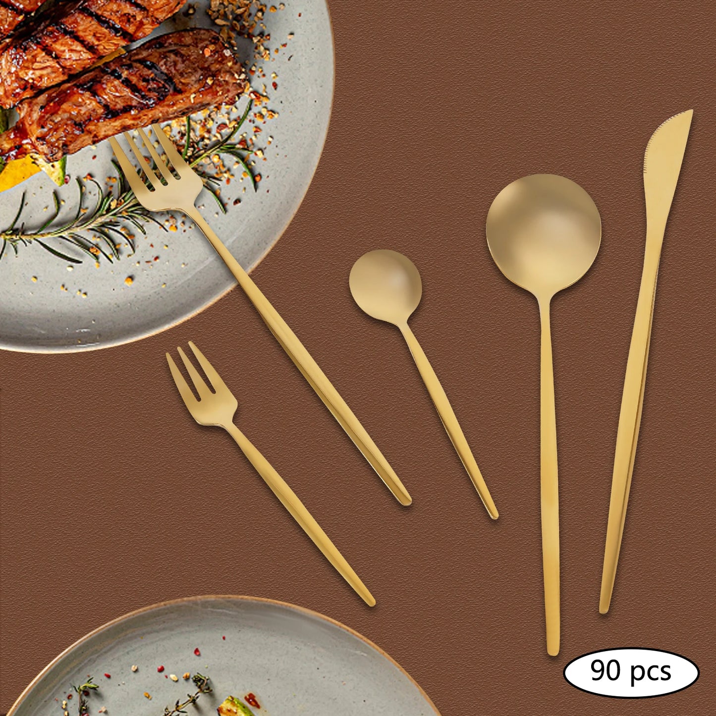 90 Pcs Gold Flatware Set Stainless Steel Utensil Kitchen Tableware Forks Knives Spoons Cutlery