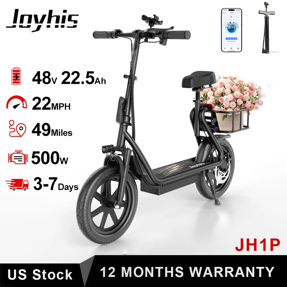 E-Scooter,w/Seat, Adult, 20MPH Speed Power by 500W Motor, 48V/10.4Ah Wider Deck & Height &basket