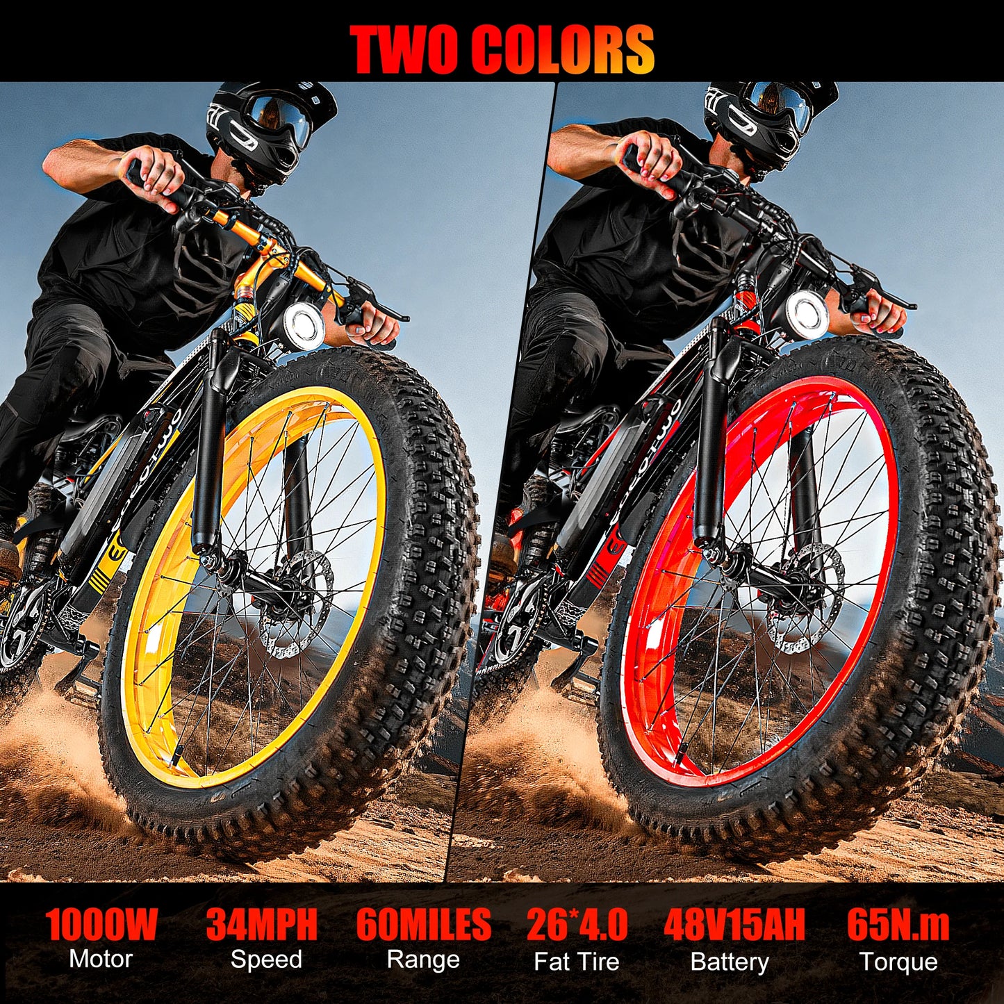 Elec.Bike Adults 1500W Peak Motor 34Mph Electric Bicycle 26" Fat Tire Mountain60Mile Range 48V 15AH