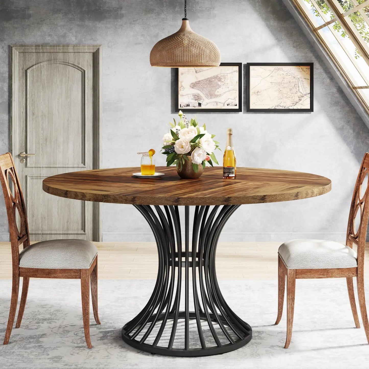 Round Indoor Dining Table for 4-6 People, 47-Inch Farmhouse Kitchen Table, Industrial Dinner Table