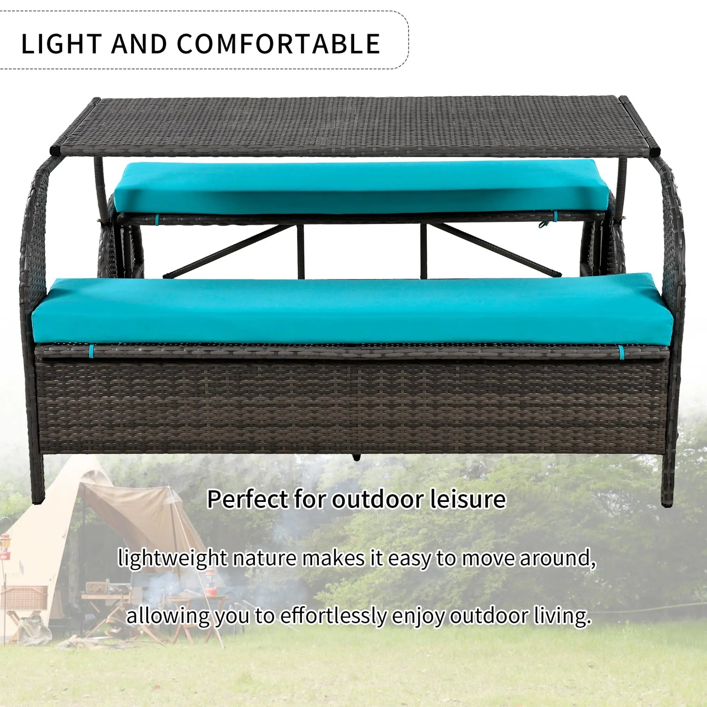 Outdr Rattan Loveseat Convertible Picnic Upholstered Bench Table Patio Convertible,4 Seats,1 Table