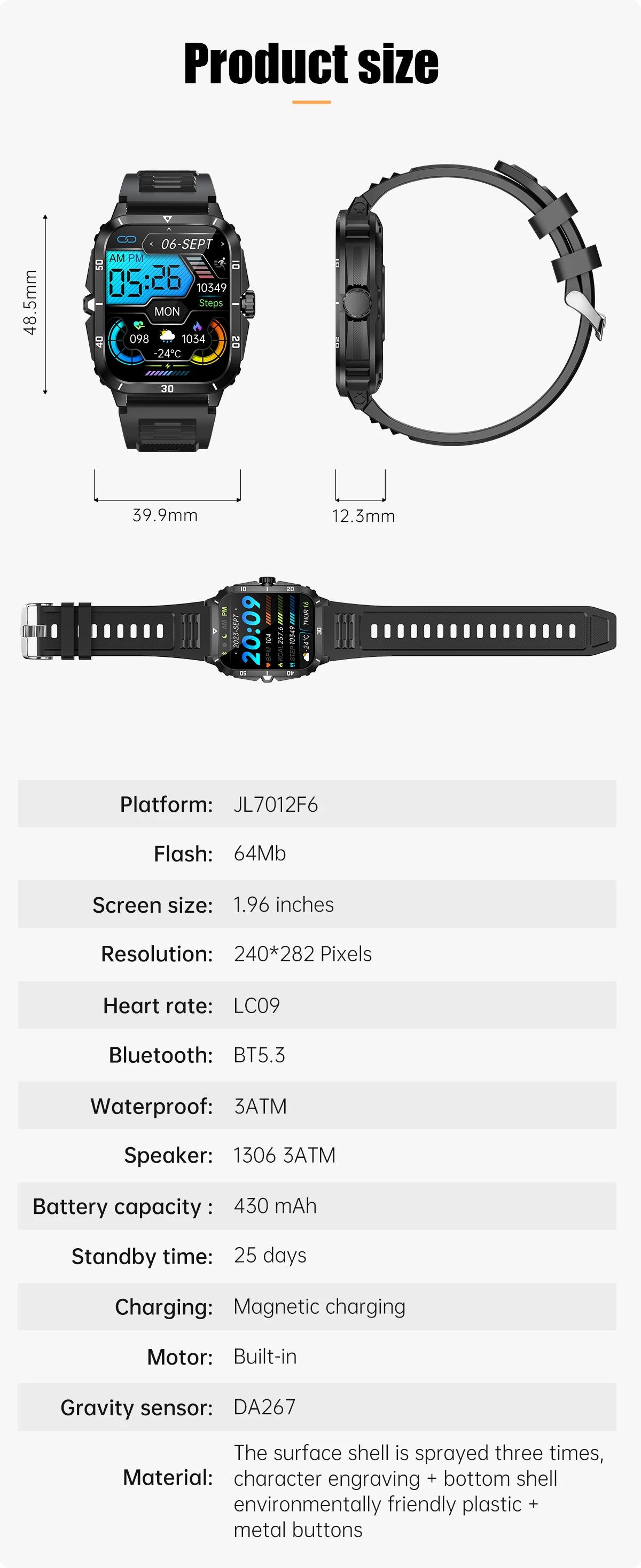 Smart Watch 3ATM Waterprf 1.96" IPS Screen KT71 Men 100+ Sport Mode Heart Rate Blood Pres. Bluetooth