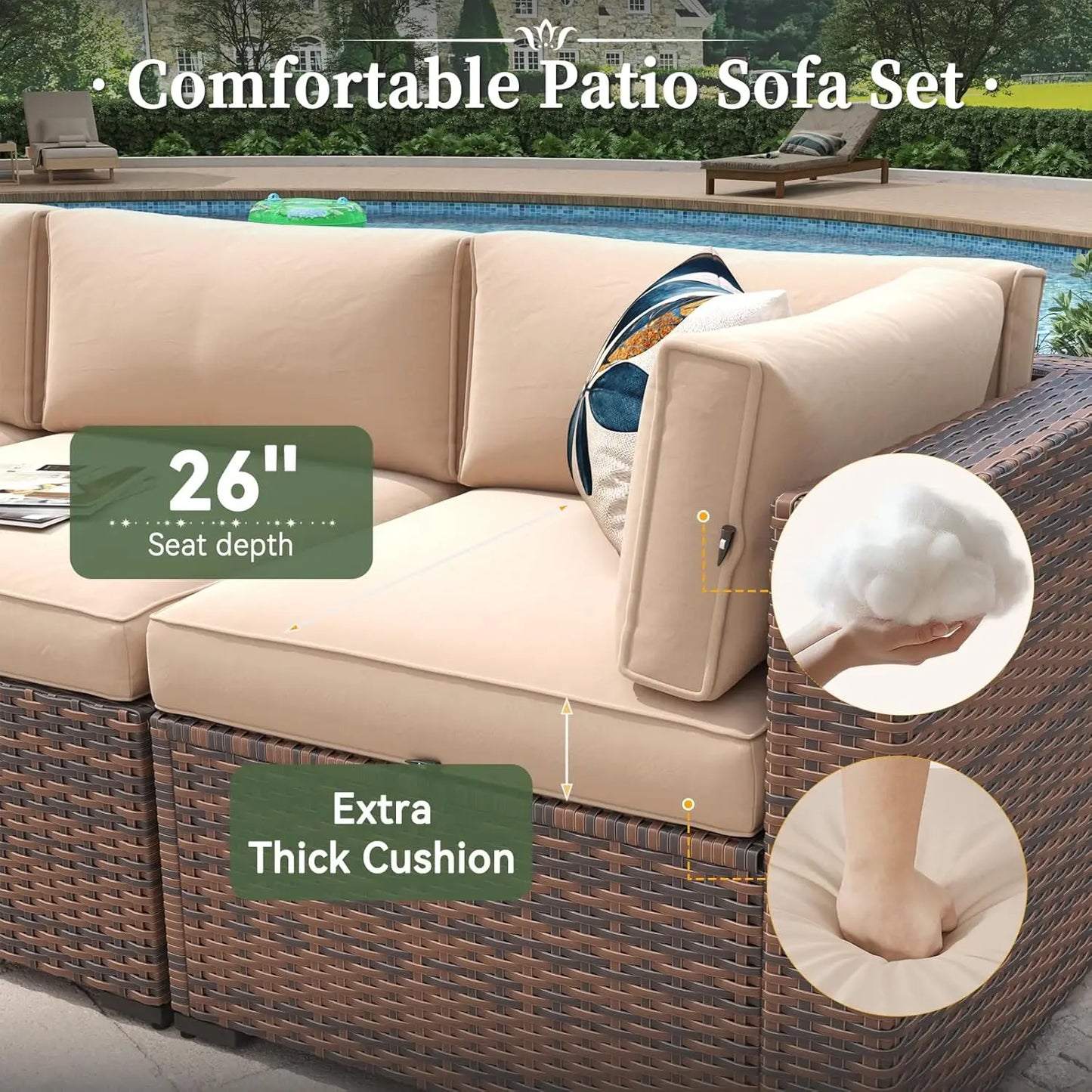 8 Piece Patio Furniture Set 44” Fire Pit Table Wicker Rattan Outdoor Sectional Sofa, Coffee Table