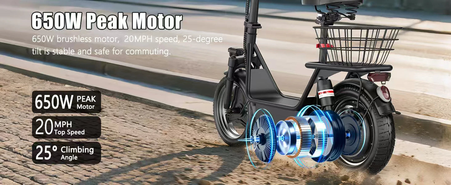 E-Scooter Adults,650W Peak Motor,48V15AH Battery, Seat,Up to 20MPH,25Miles Long Range,With Basket