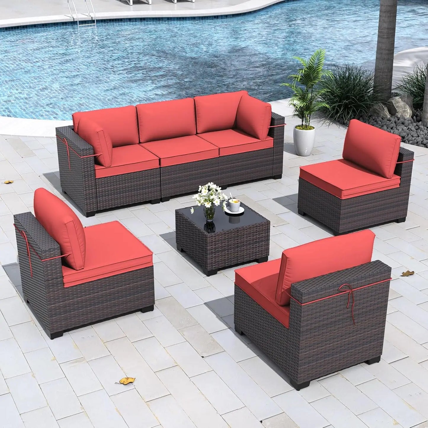7 Pieces Patio Furniture Set, 4’’ Thick Cushions, All-Weather PE Rattan 29.5'' High Backrest