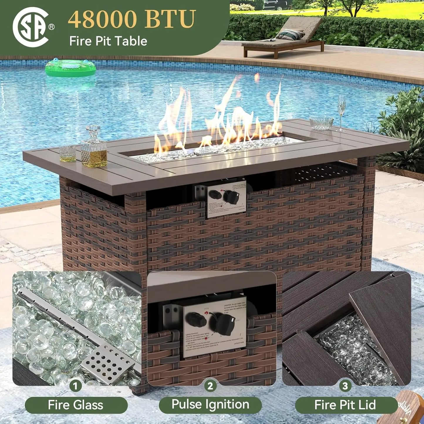 8 Piece Patio Furniture Set 44” Fire Pit Table Wicker Rattan Outdoor Sectional Sofa, Coffee Table