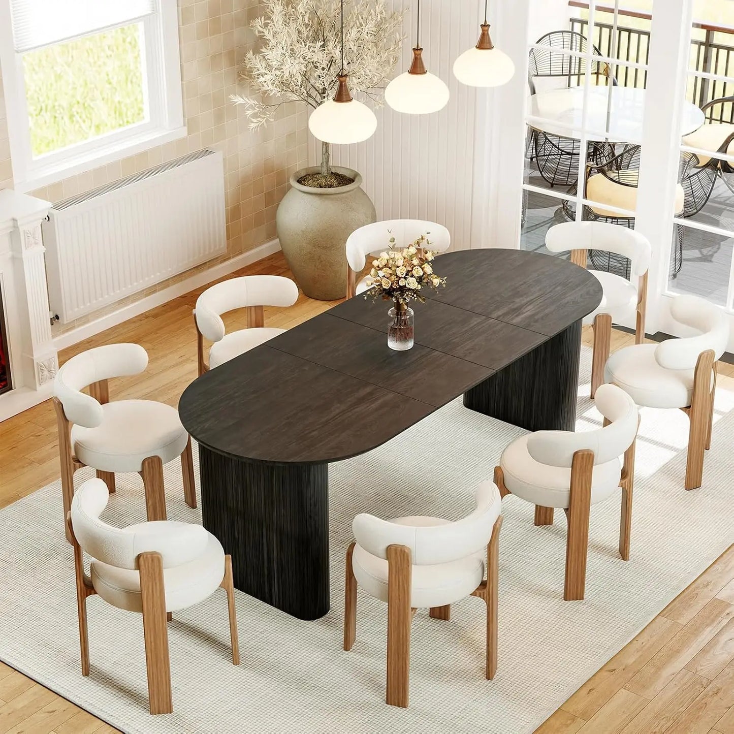 Extendable Oval Wooden Dining Table Seats 4-8 Curved Fluted Base 90in White Oak 4 Panels