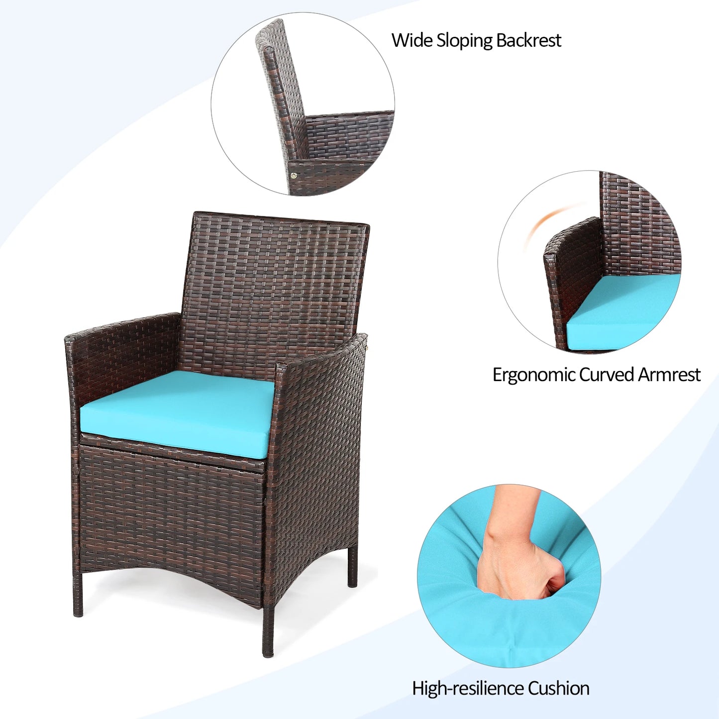 3PCS Patio Rattan Furniture Set Cushioned Sofa Glass Tabletop Deck Blue
