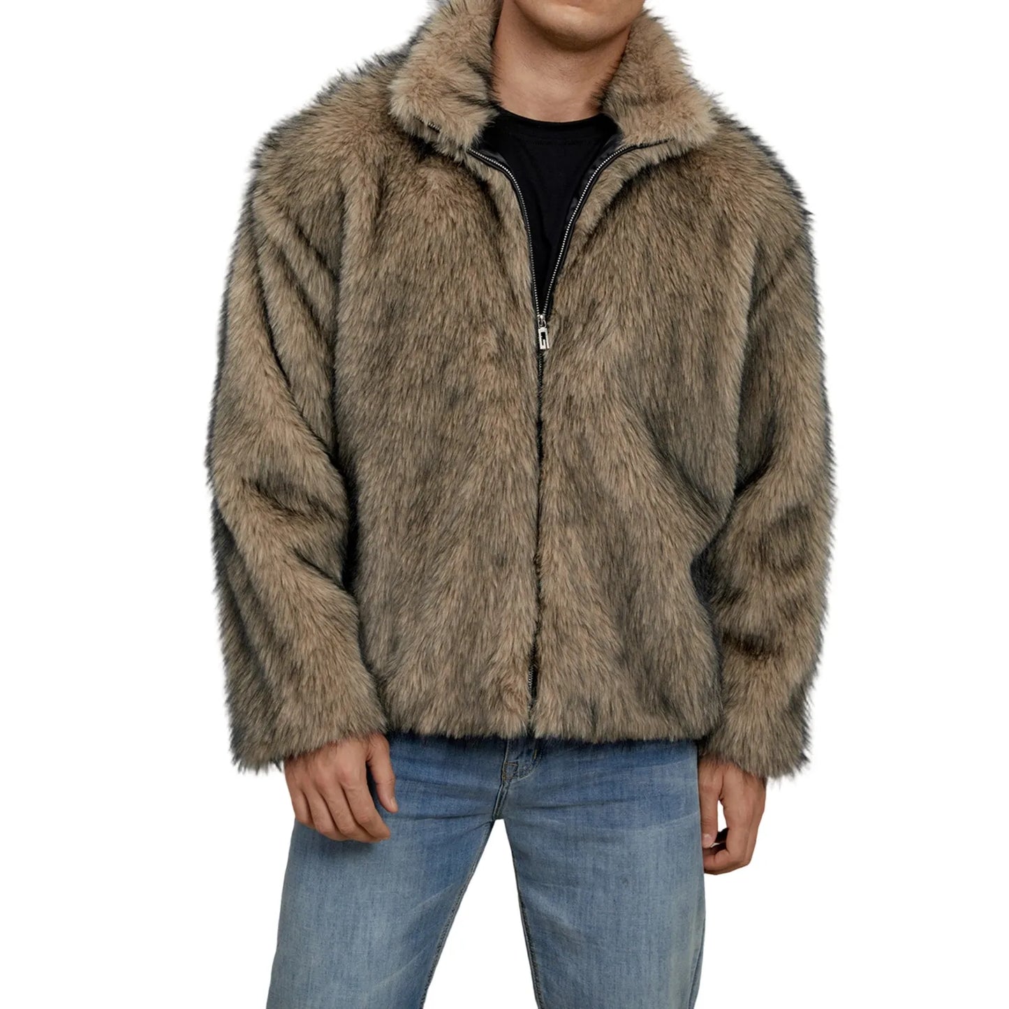 Men s Faux Fur Jacket Winter Thick Long Sleeve Stand Collar Loose Zip Up Warm Outwear Windbreaker