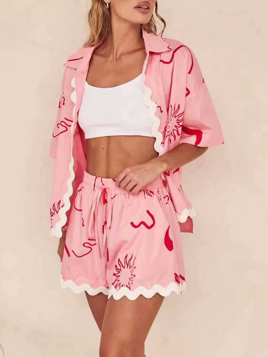 Women s Summer Loungewear Set Fashion Print Short Sleeve Lapel Button T-Shirt ,Trim Shorts Sleepwear