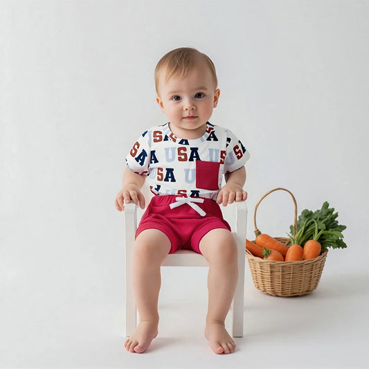 Infant Boy Independence Day Apparel Set with Short Sleeve Tee and Shorts  and Pocket Toddler
