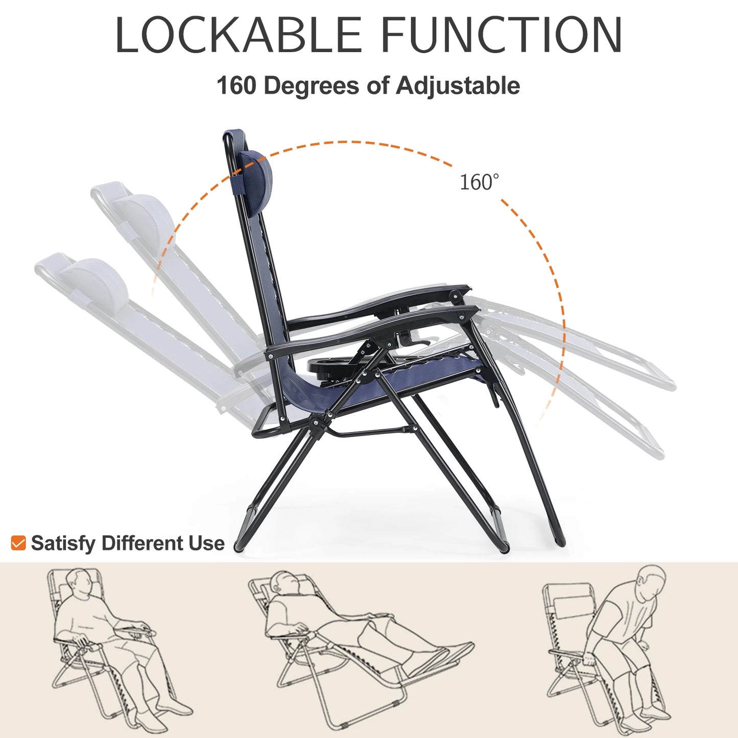 Zero Gravity Set 2 Portable Recliner Camping Patio Outdoor Chair,Cup Holder Trays Adjustable Pillow