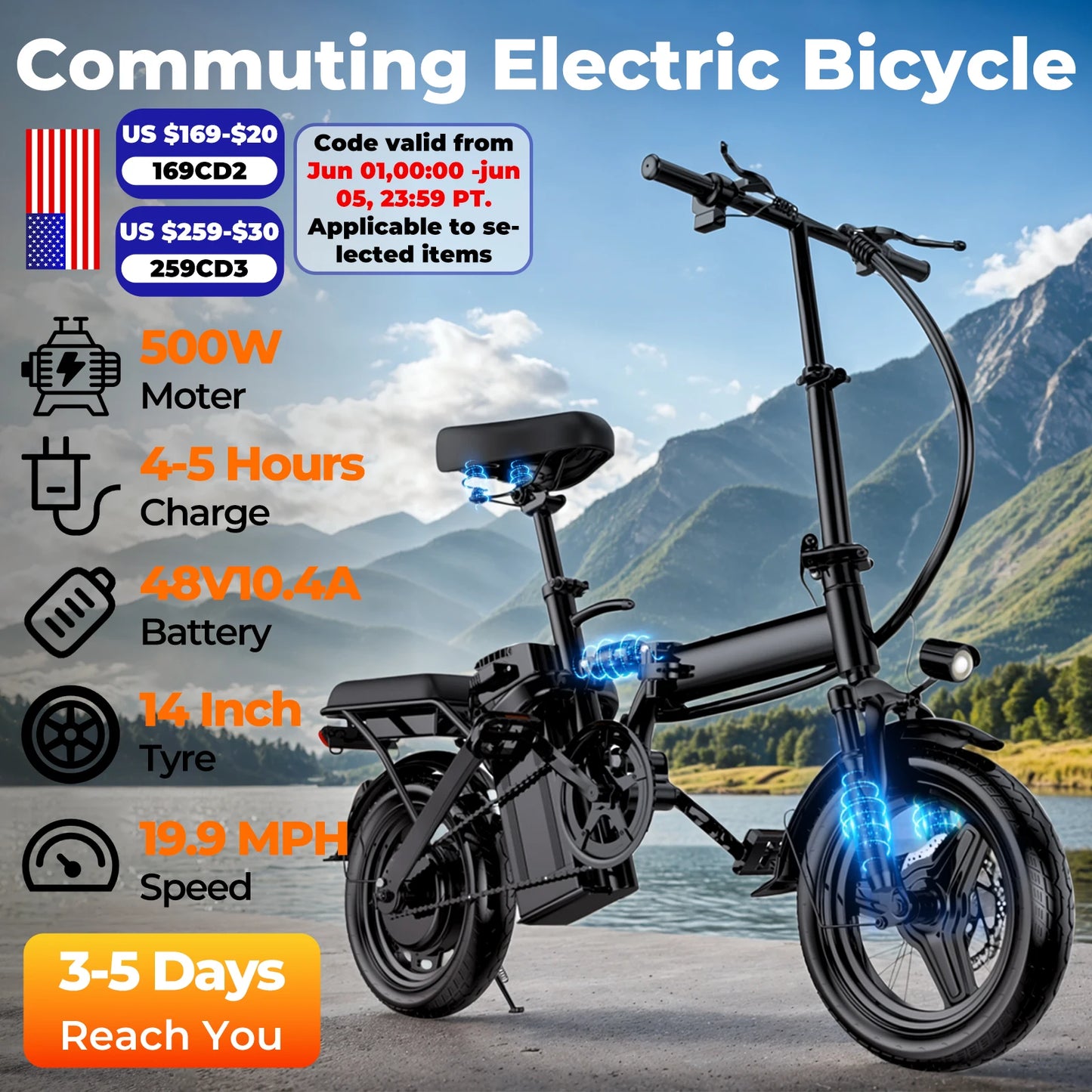 14-inch electric bike, easy to fold,  commuter 500W motor, removable battery, 20-mile max range