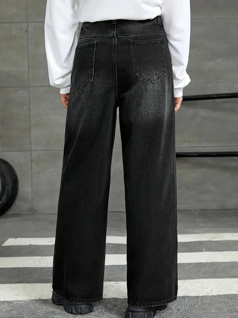 Men'S Loose Fit Black Denim Wide Leg Jeans, Raw Wash Detail - Comfortable, Versatile All-Season Wear