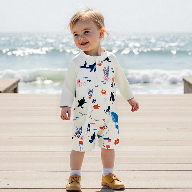 Toddler Boy UV Protection Rash Guard Swimsuit Set with Long Sleeve Zip Animal Print