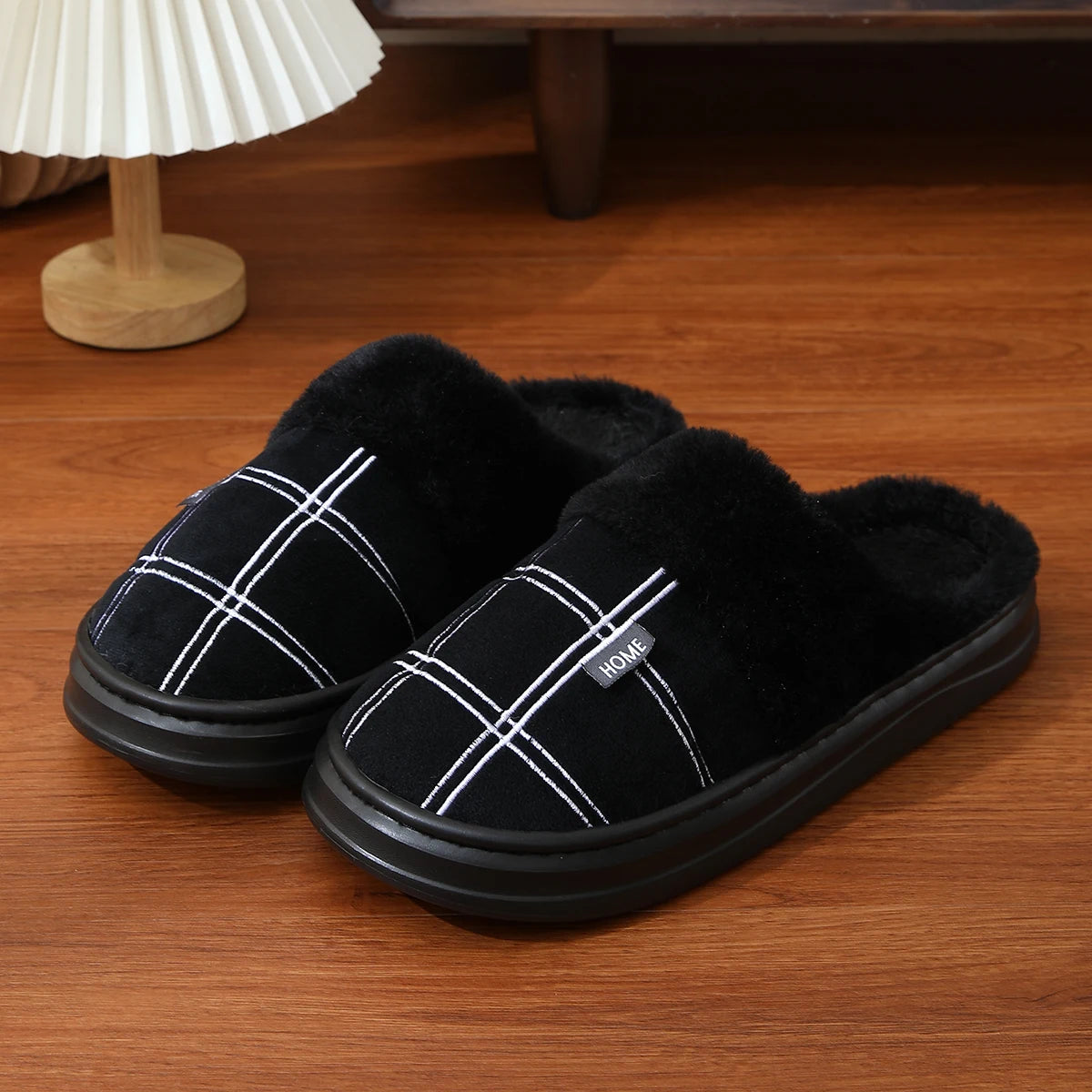 Men Home Slippers Plaid Memory Foam Winter Plush Warm Non-Slip Black Large size 50-51 Fashion