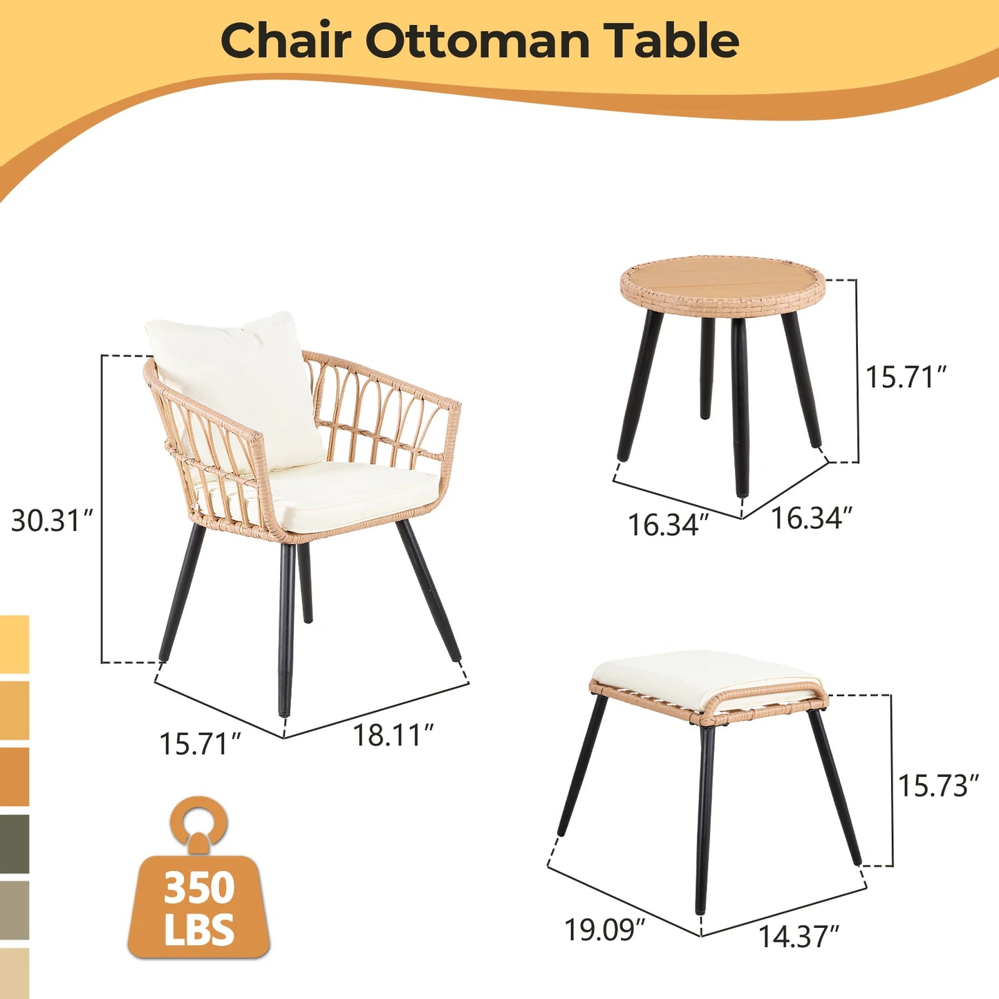 5 PiecePE Rattan Patio Furniture Set, Wicker Bistro Set, All-Weather Chairs, Ottoman & Coffee Table