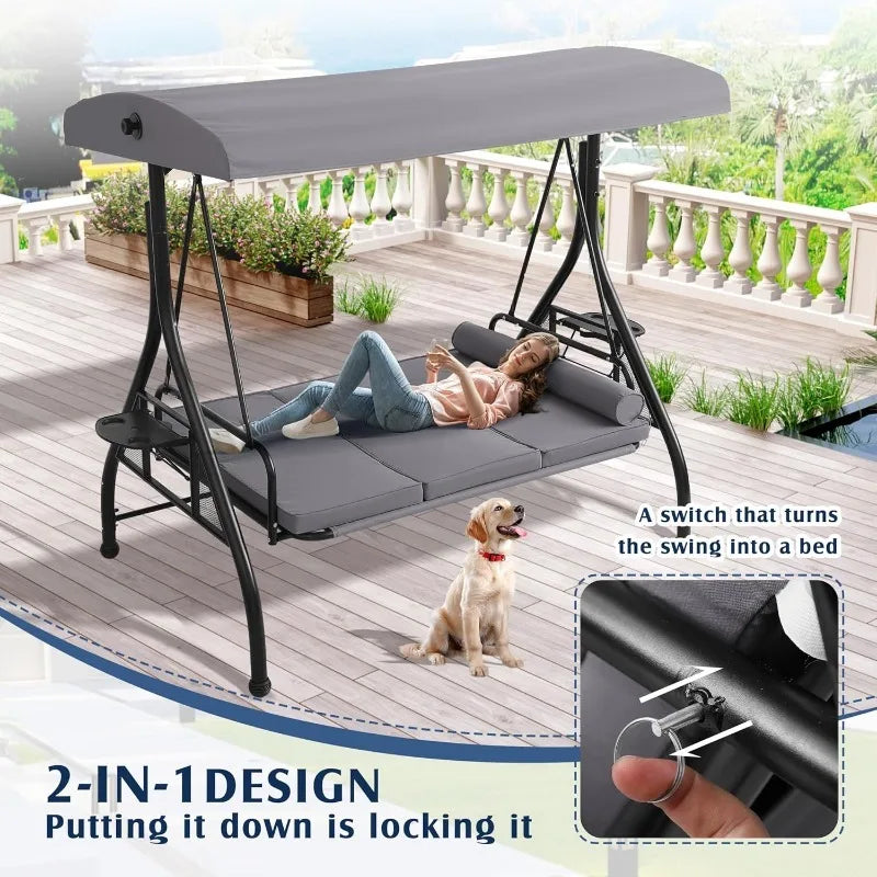 Outdoor Porch Swing,Canopy & Stand, 3 Person, for Adults, Convertible 2 in 1 Porch Bed Swing w/ Cup
