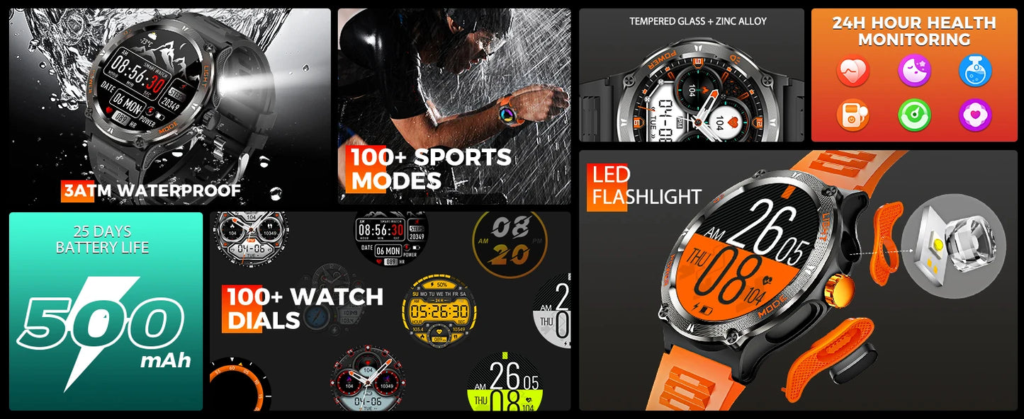 Smart Watch 3ATM Waterproof 1.53" KT76, Compass, LED Flashlight Heart Rate Sleep Analysis Bluetooth