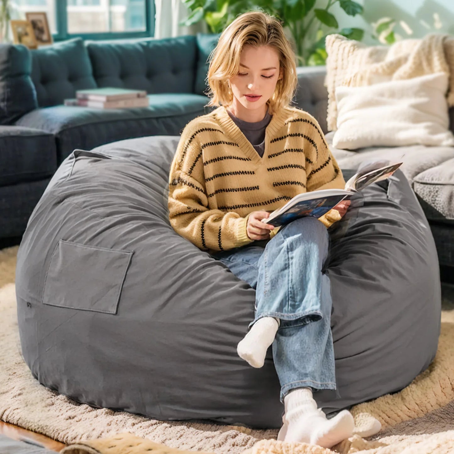 Oversized 3/4FT Bean Bag Chair, Reading Foam Filled Couch,Removable Cover inside Furniture