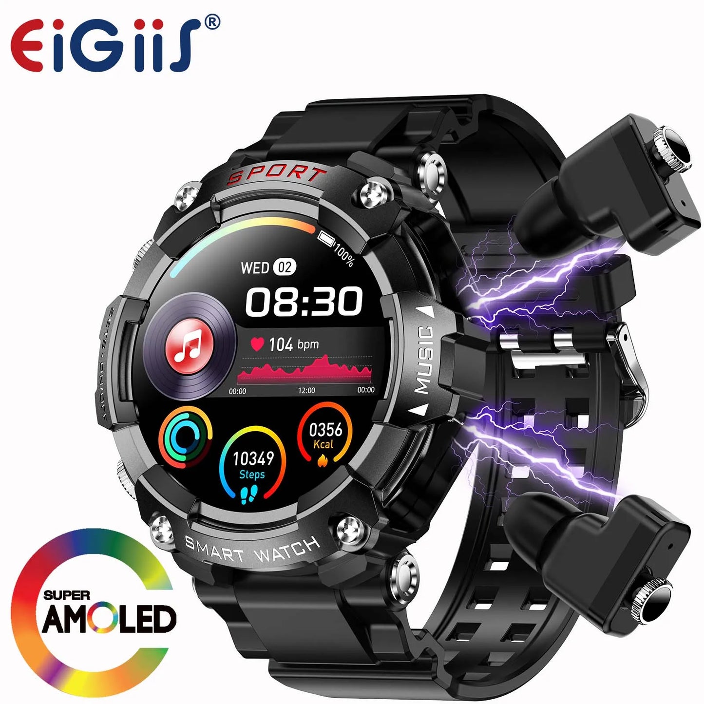 Smart Watch AMOLED Display In-Ear Bluetooth Headset Heart Rate Blood P, Oxygen Sat. Monitoring HD