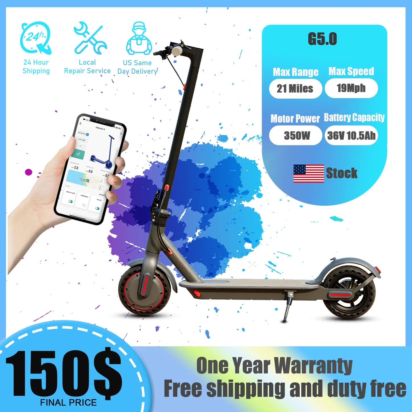 E-Scooter 36V 10.5AH High Capacity Battery 21Miles Long Range 19Mph 350 Motor 8.5Inch Tyres Foldable
