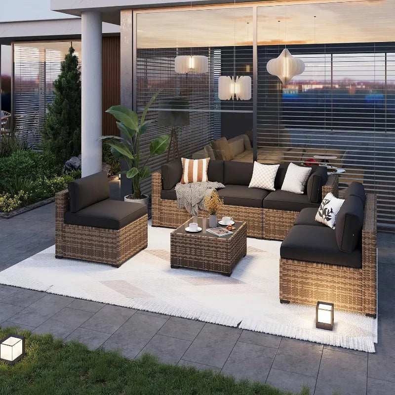 Patio Furniture.7-Piece Outdoor,Thick Cushions, Wicker Outdoor Conversation Set Sectional Sofa