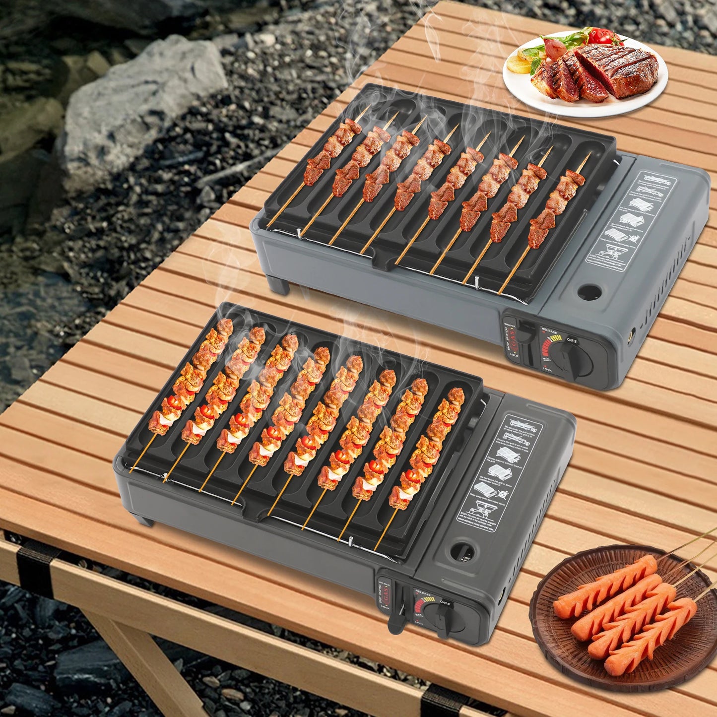 Gas Grill Stove,Sausage Grill Plate,Plastic Box Portable Camping Butane Stove Adjustable Flame