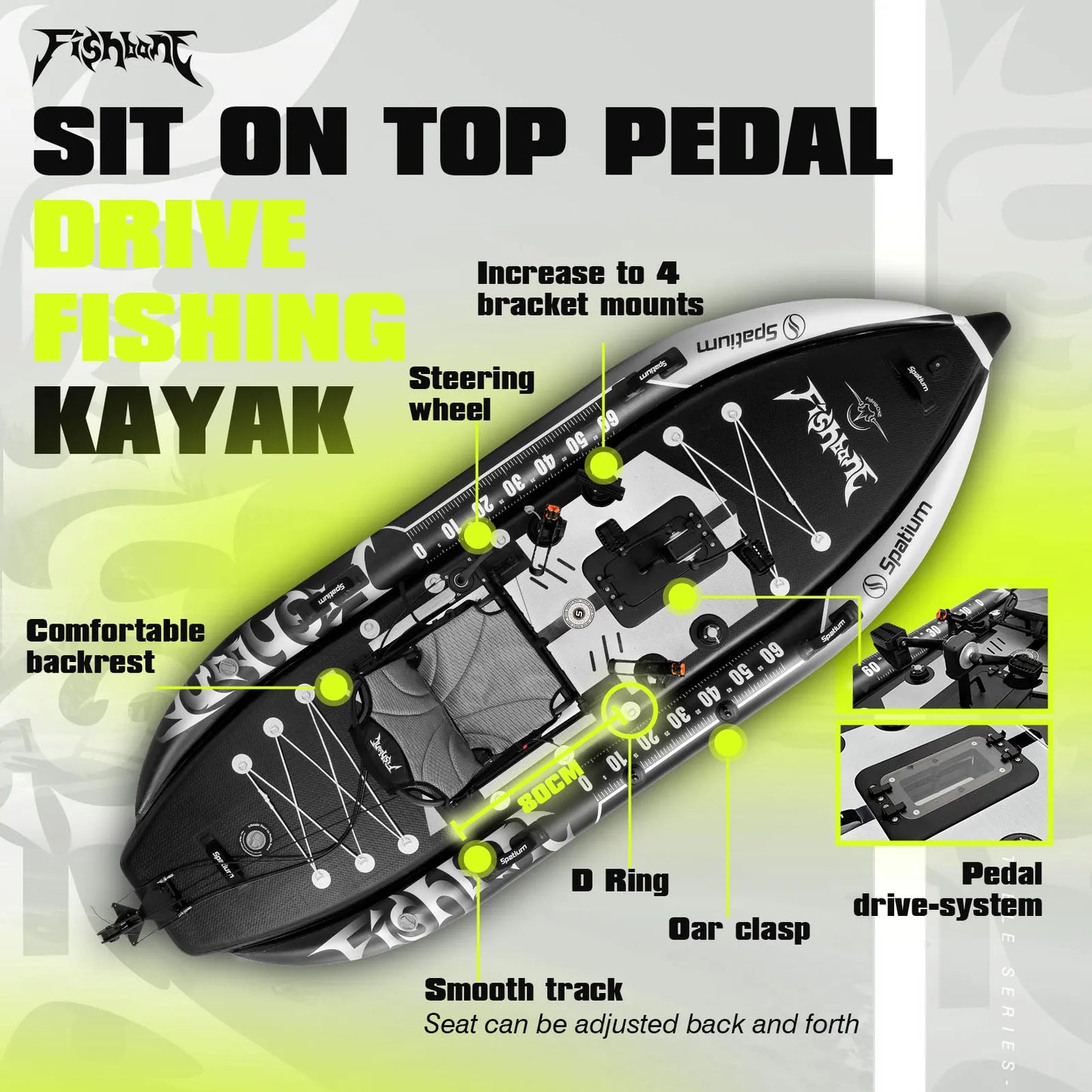 Fishing Kayak Boat Pedal Drive Siton Top Pedal Drive Kayak Orientation System, 11'*44"*4",Cap.507LBS