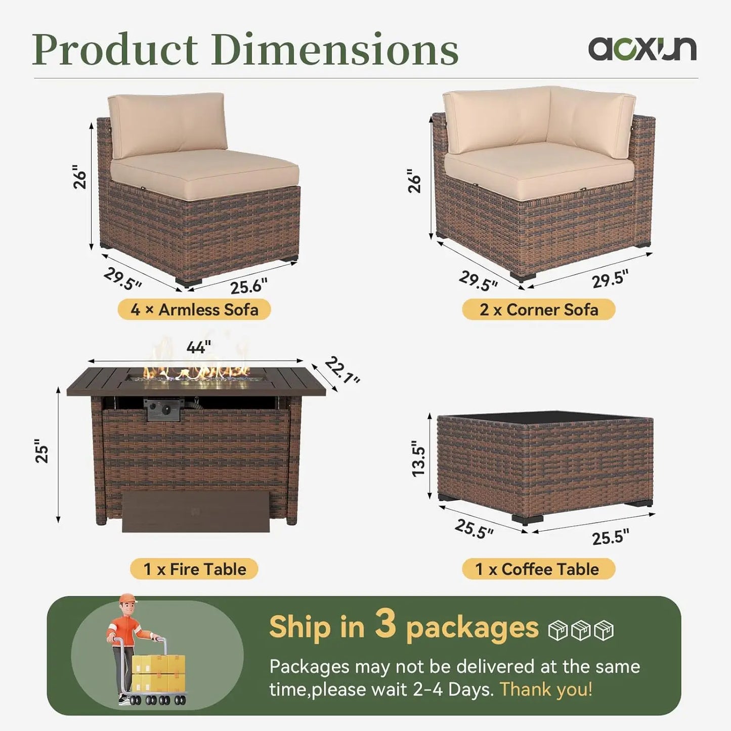 8 Piece Patio Furniture Set 44” Fire Pit Table Wicker Rattan Outdoor Sectional Sofa, Coffee Table