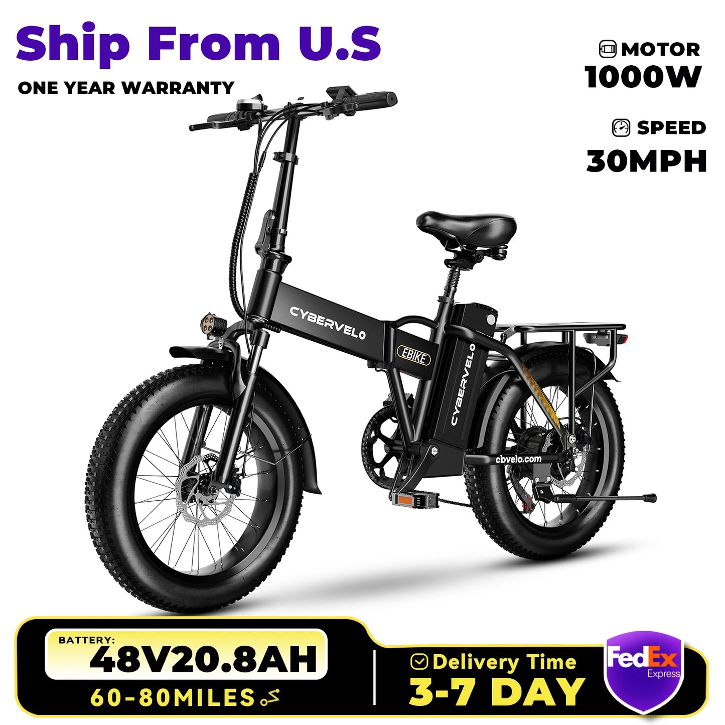 1000W Folding Electric Bike, 48V 20AH Large Removable Battery,30+MPH, 80 Mi Max Range, 20" Fat Tire
