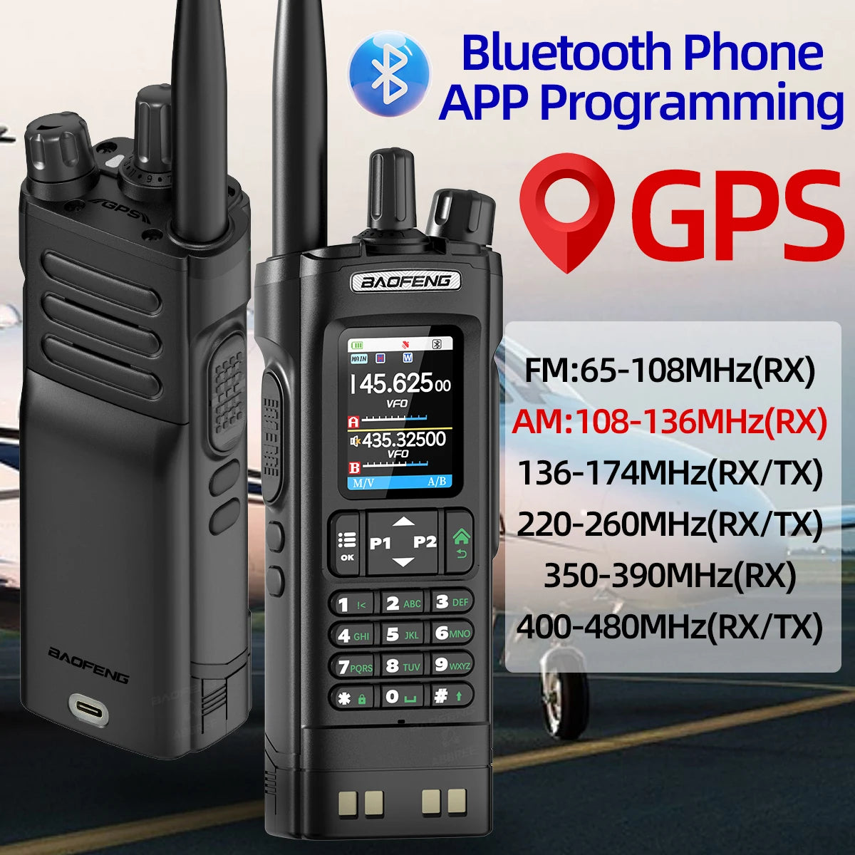 GPS Walkie Talkie 10W Long Range Multi Band Bluetooth APP Programming Wireless Copy Frequency Type-C