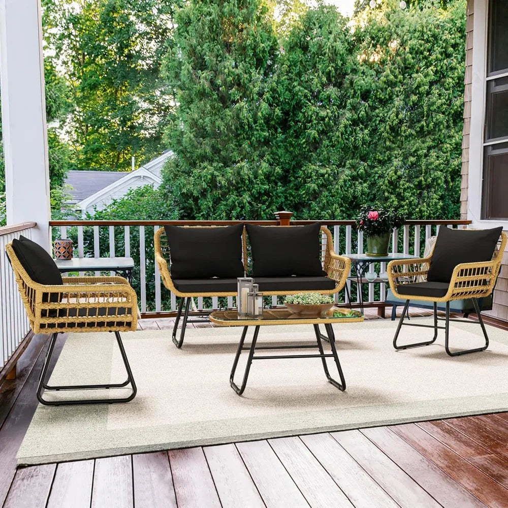 Patio Furniture Wicker Bistro Set, 4-Piece All Weather Rattan Conversation Loveseat Sets