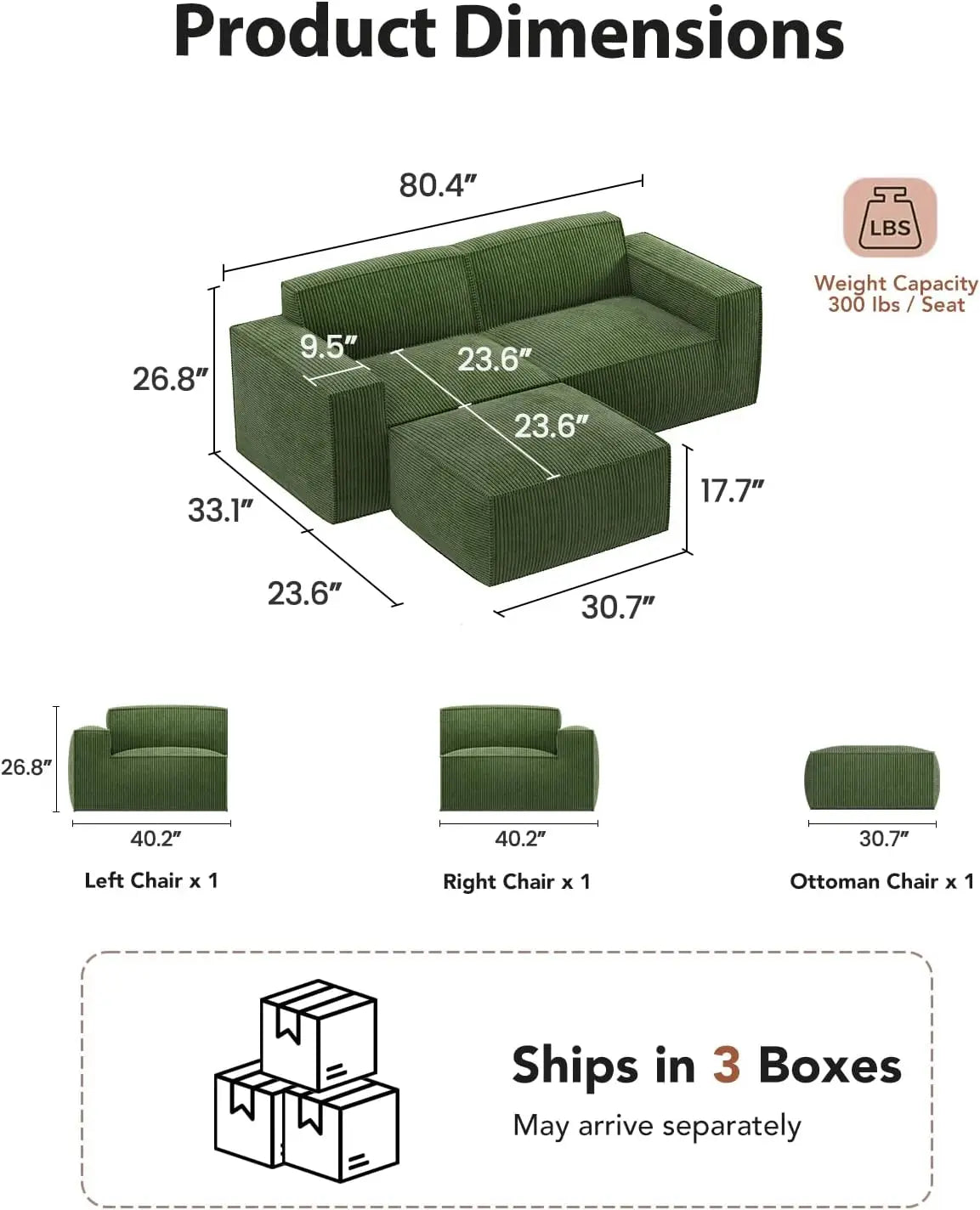 INDOOR-80" L-Shaped Modular Sofa, Corduroy,Deep Seats, High Back, No Assembly  (2-Seat, Green) otman