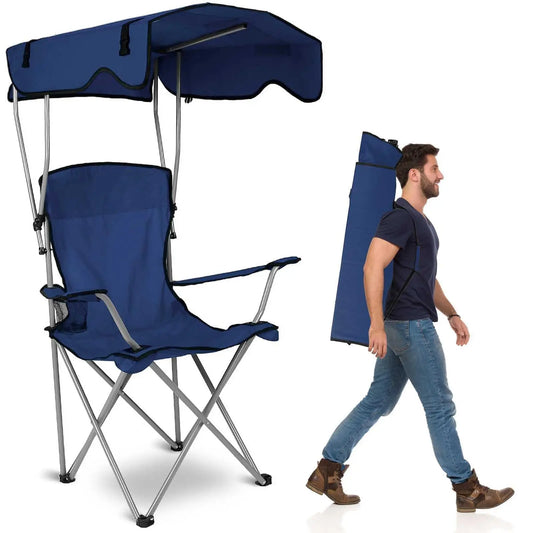 Camping Chair w/Canopy, Folding Lounge Chair, Adjust UPF 50+ Sun Shade & Cup Holder, Reclines