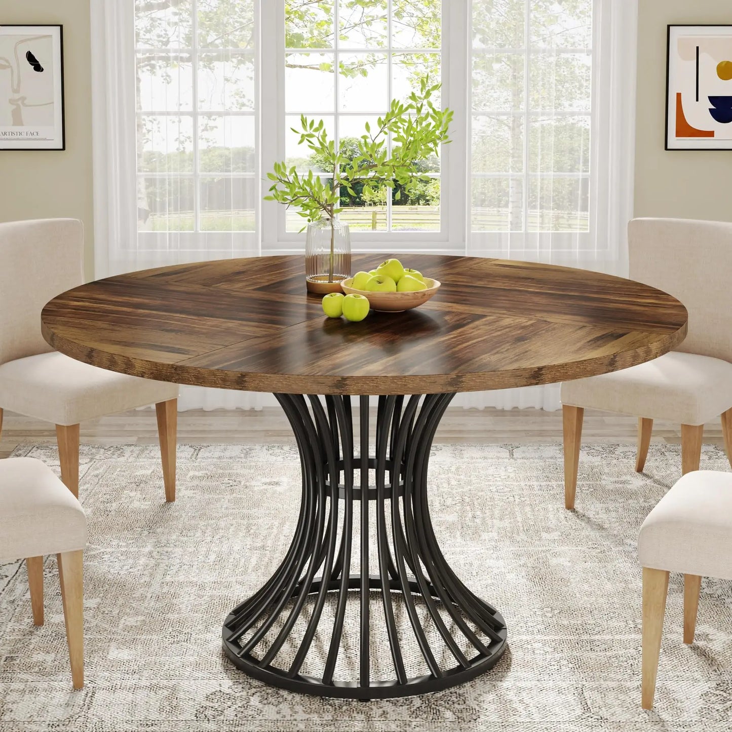 Round Indoor Dining Table for 4-6 People, 47-Inch Farmhouse Kitchen Table, Industrial Dinner Table