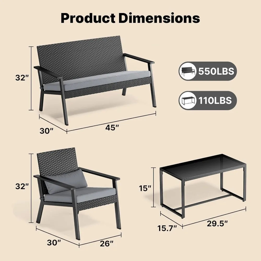 Outdoor Wicker Patio Furniture Set with Deep Seating Cushions ,Table,Balcony, Backyard, porch