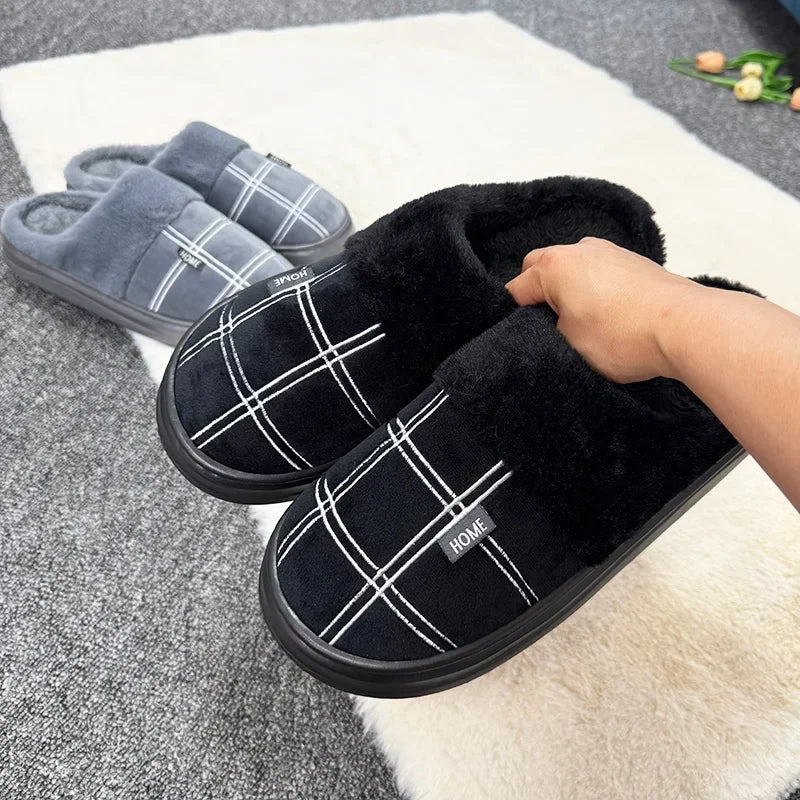 Men Home Slippers Plaid Memory Foam Winter Plush Warm Non-Slip Black Large size 50-51 Fashion