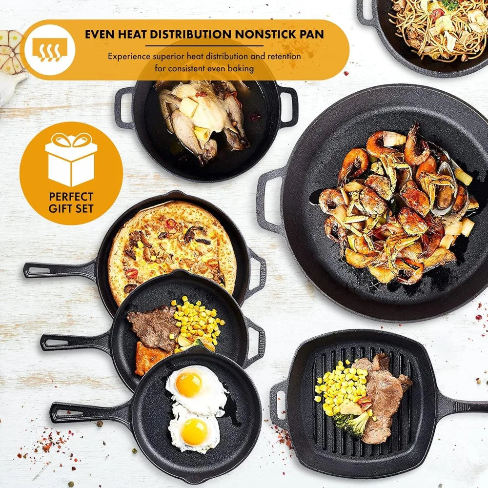 8 piece cast iron camping cookware - durable POTS covers, cooking -home or camping