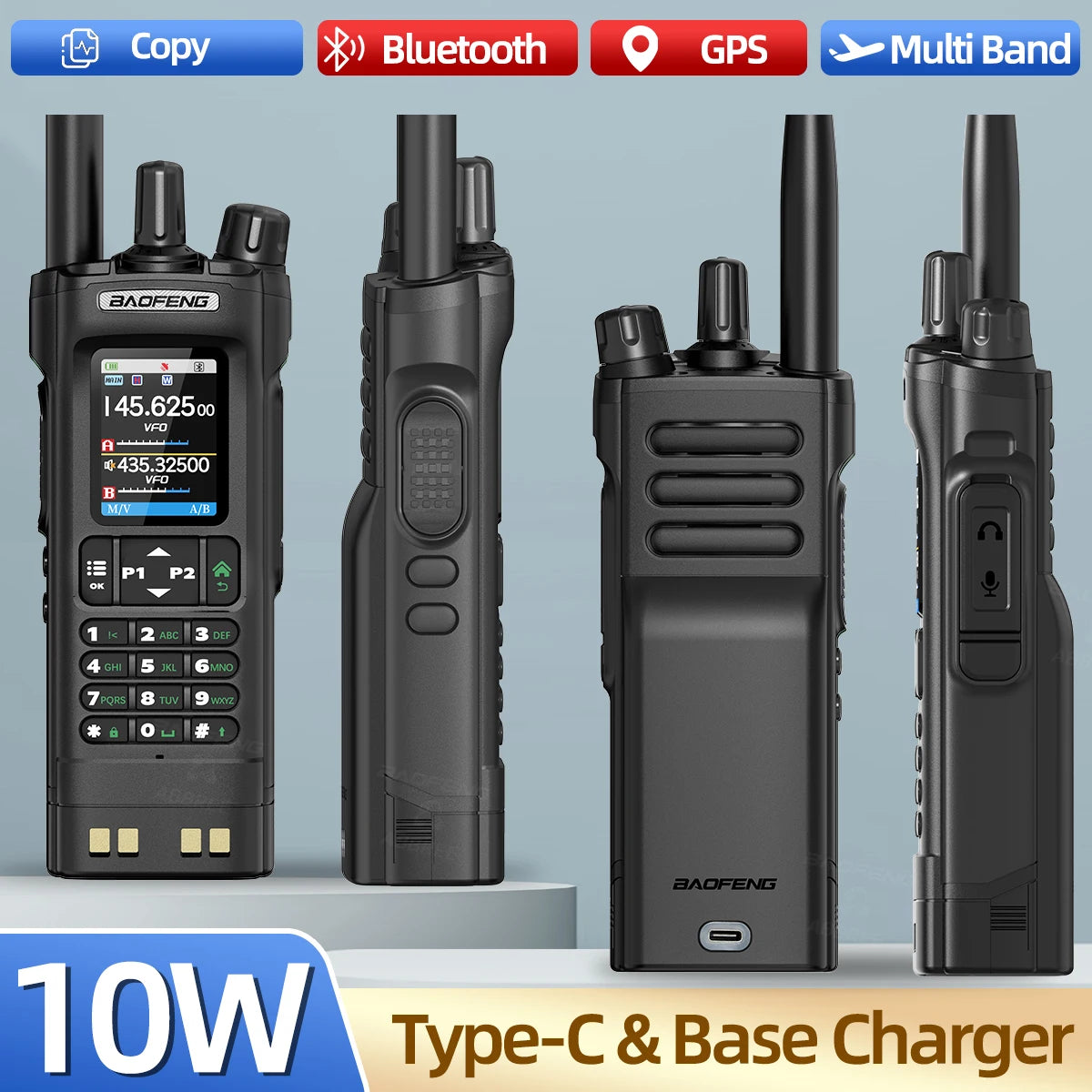 GPS Walkie Talkie 10W Long Range Multi Band Bluetooth APP Programming Wireless Copy Frequency Type-C