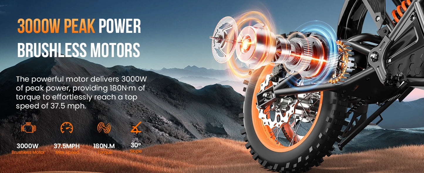 48V E-Dirt Bike, Adults, 3000W Peak Power,14"/12" Fat Tire, 37.5MPH 60 Miles Range