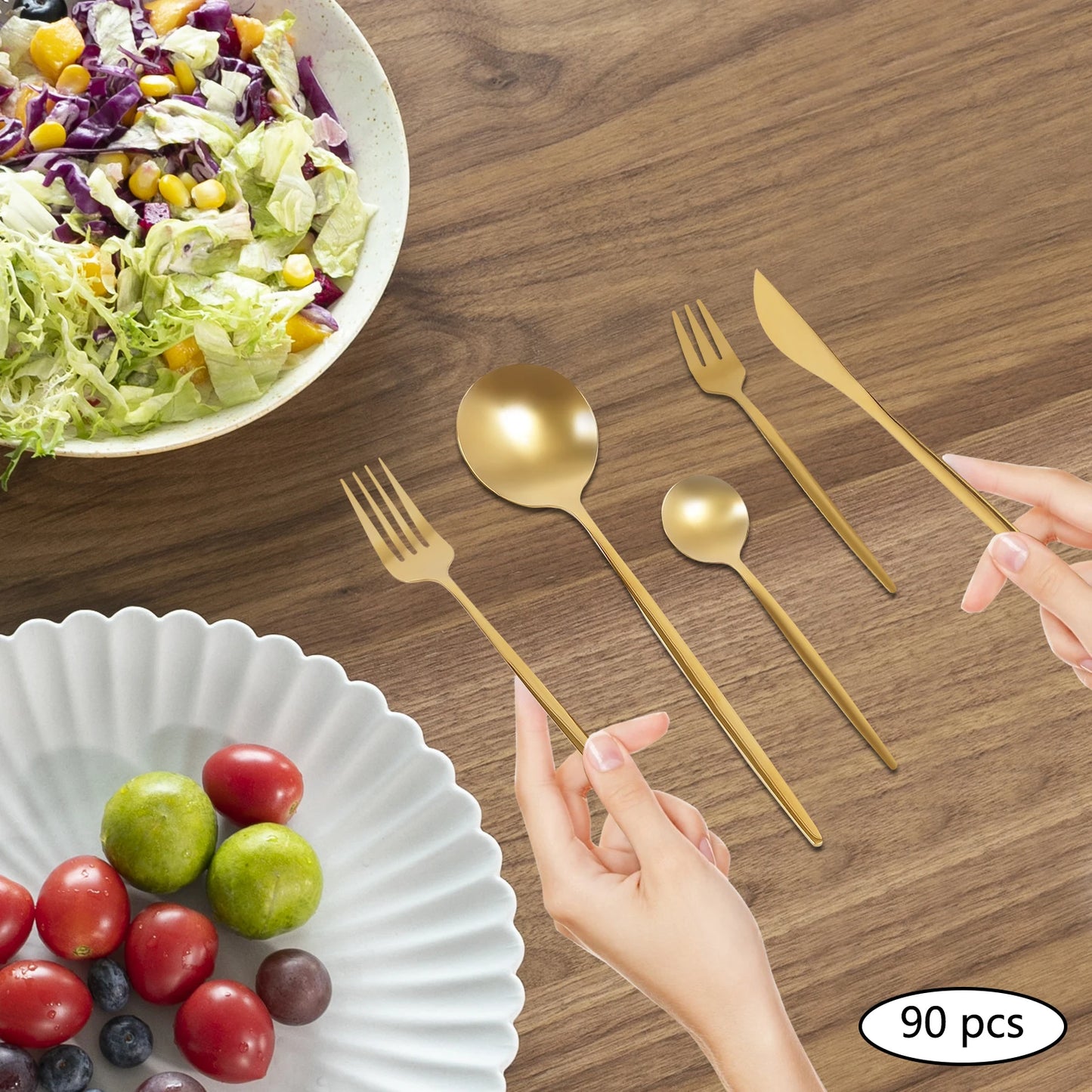 90 Pcs Gold Flatware Set Stainless Steel Utensil Kitchen Tableware Forks Knives Spoons Cutlery
