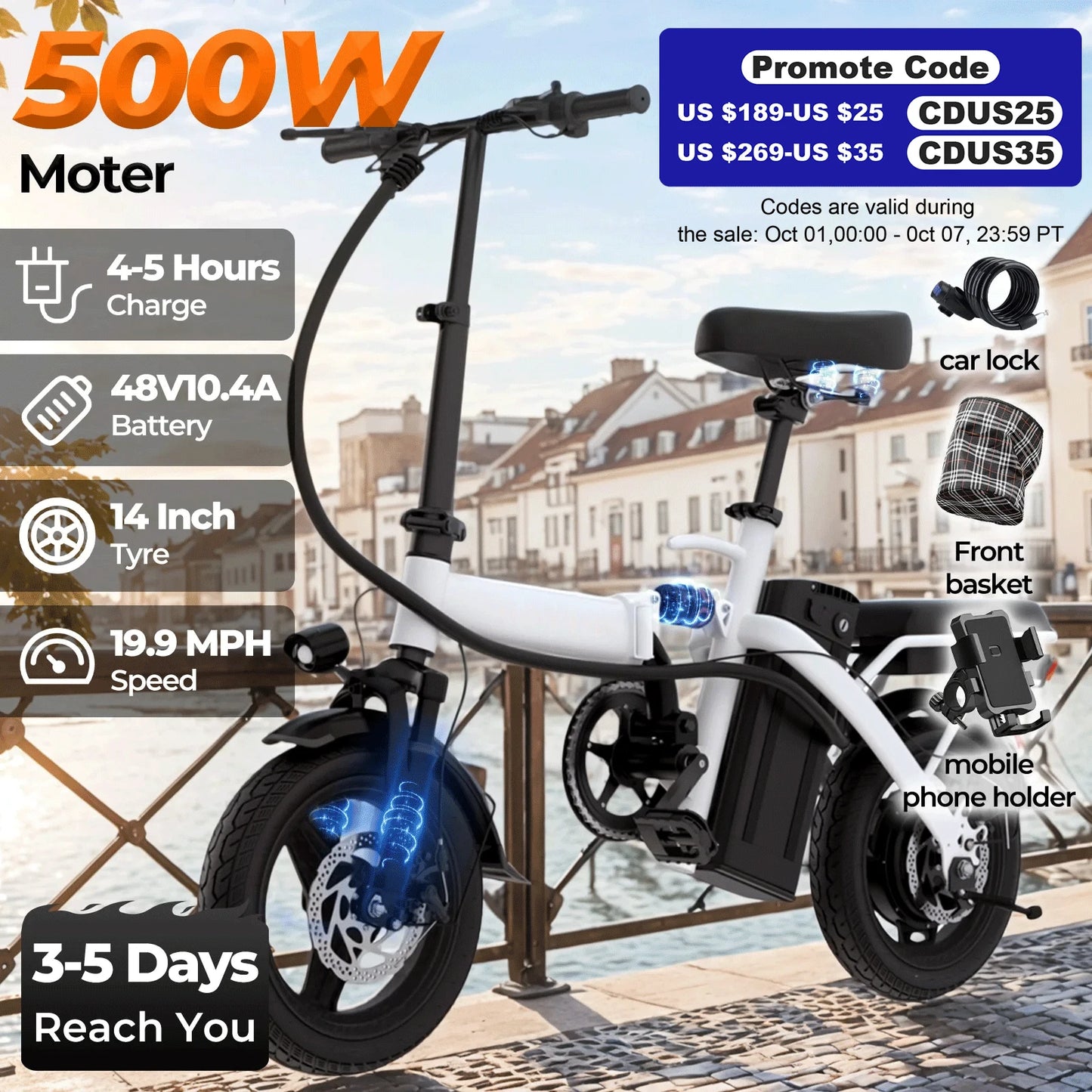 Adult Commuter E- Bike,14-inch, Easy to Fold, 500W Motor, 48V10.4Ah Removable Battery, 20-mile Range