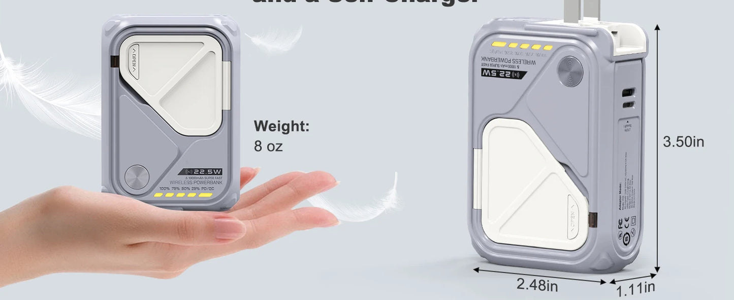 Fast Charging 10000mAh Magnetic Wireless Power Bank USB Type-C Detachable Data Cable Phone Holder