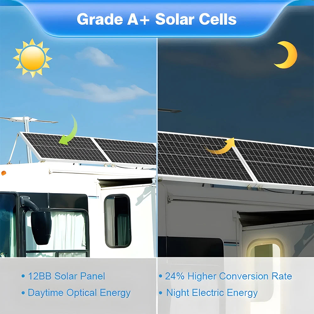200W/100W 12V 12BB Monocrystalline Solar Panel High Efficiency Module Charge Battery for RV Trailer+