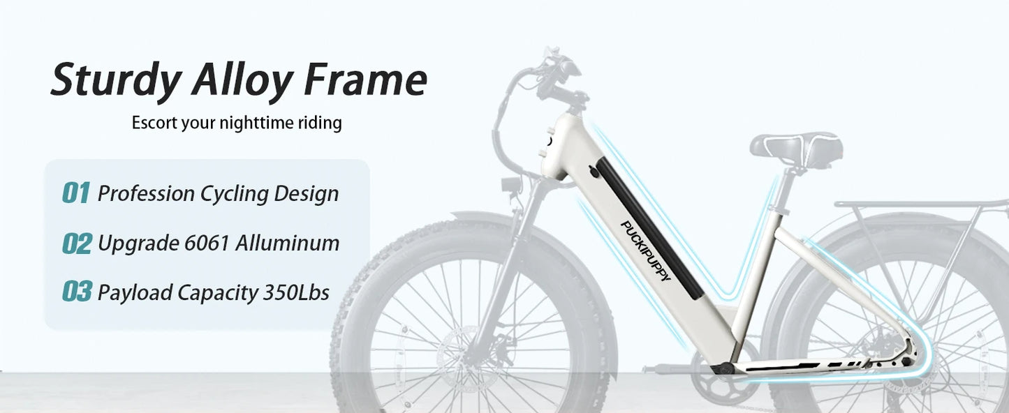 PUCKIPUPPY E-Bike, Adults 960W Peak 48V 15AH 7 Speed All Terrain 26" Fat Tire Front Suspension