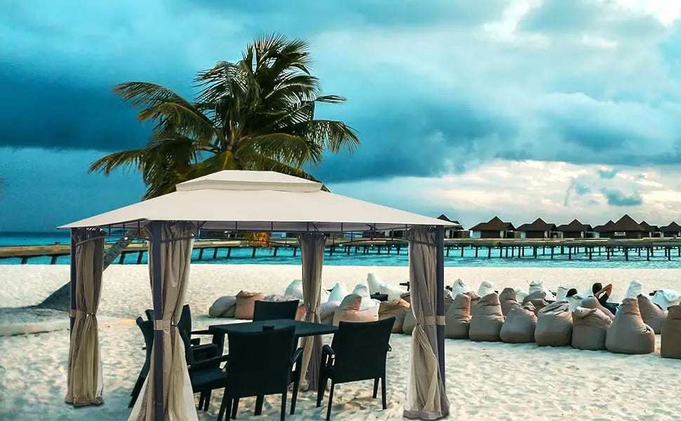 Patio Gazebo 10x12, Heavy Duty Soft Top Gazebos, Double Roofs, Anti-UV  Privacy Curtains & Netting